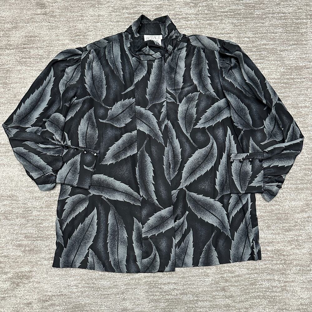 VTG Brownstone Studio Blouse Womens 20 Black Feathers 70s 80s Secretary USA Made